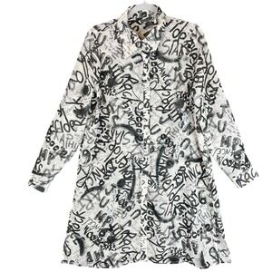 Graffiti Print Button Down Shirt Dress White Black Long Sleeve Tunic Large